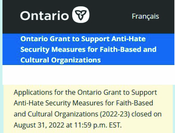 ONTARIO GOVERNMENT TAKES MUCH NEEDED STEP AND PROVIDES SECURITY GUARD FUNDING TO RELIGIOUS INSTITUTIONS AT RISK IN LINE WITH NCCM ASK